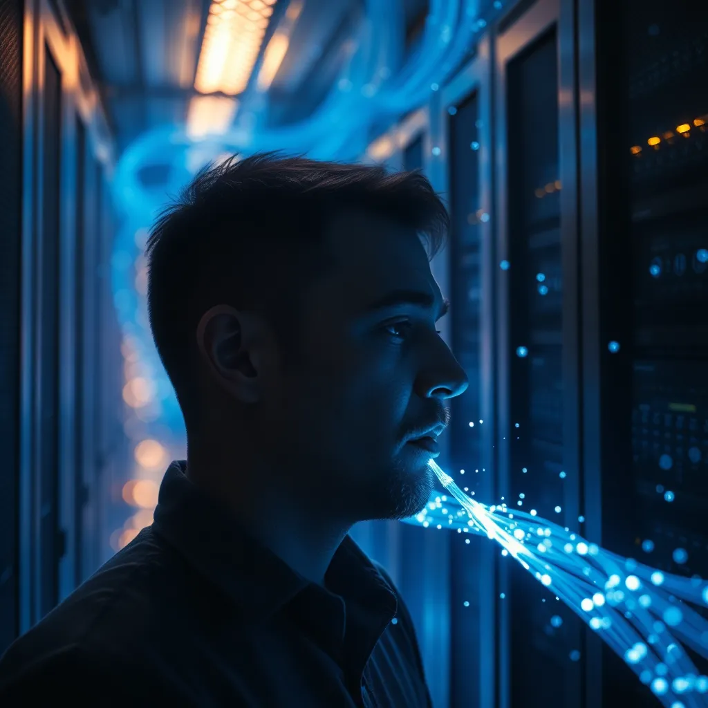 A man whispering secrets into a glowing blue fiber optic cable in a dark server room, mystical atmosphere, particles of light floating in the air, 8k resolution