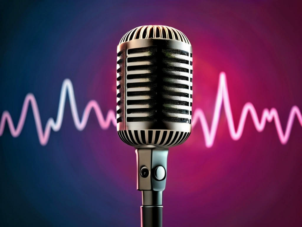 a microphone with a laughing face, set against a backdrop of sound waves, representing humor and news delivery