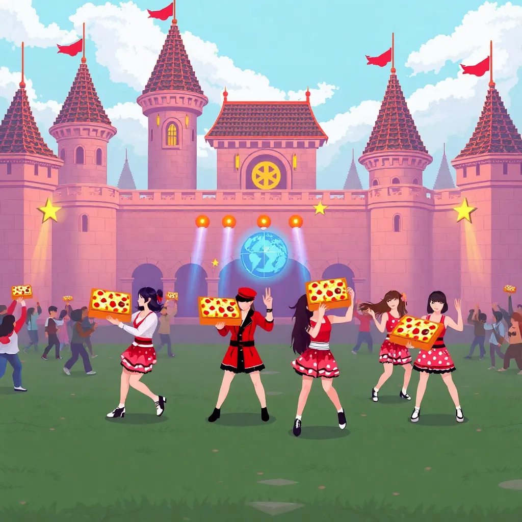 a K-pop concert in a pixelated castle, with dancers delivering pizzas in sync