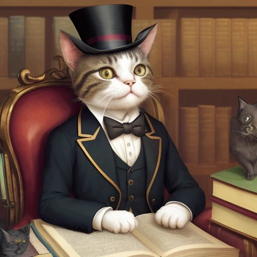Crying cat with a top hat and monocle in a library