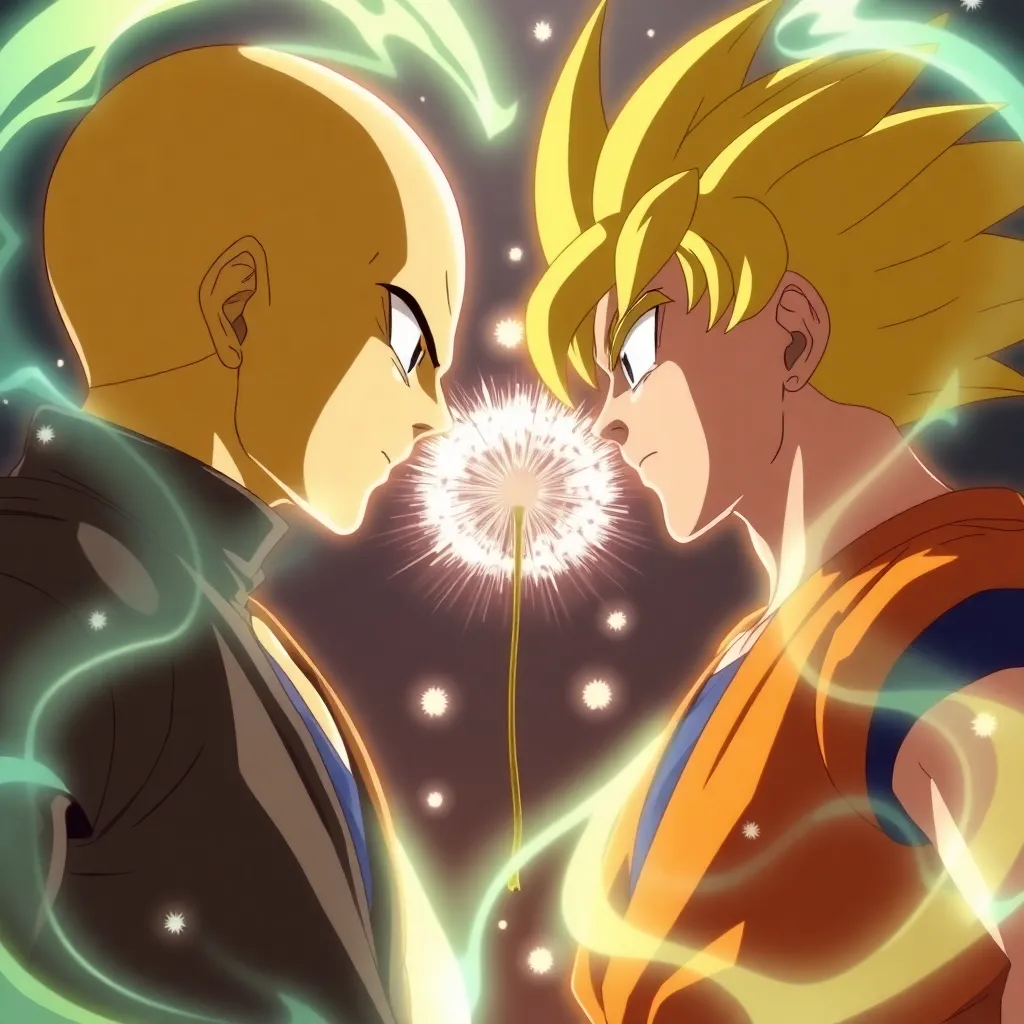 Saitama and Goku locked in a moment of perfect stillness mid-combat, eyes locked, energy auras swirling like liquid light around them, dandelion seeds suspended in the air between them