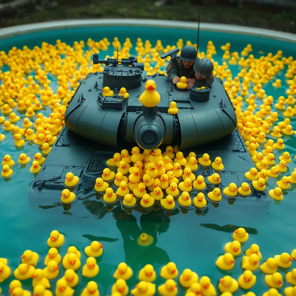 M1A2 Abrams tank submerged in a kiddie pool, covered in hundreds of yellow rubber ducks, one duck lodged in the cannon barrel, distressed soldiers trying to peel ducks off the turret, cinematic lighting