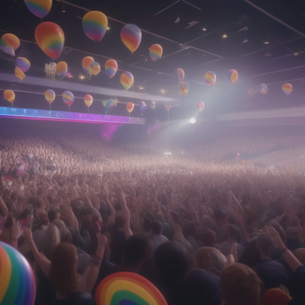 a high school auditorium with students seated and cheering, the LGBTQ club president on stage, holding a microphone, the bullies walking up to the stage, smiling and waving, pride flags and balloons in the background, natural lighting, 4k, cinematic, celebratory