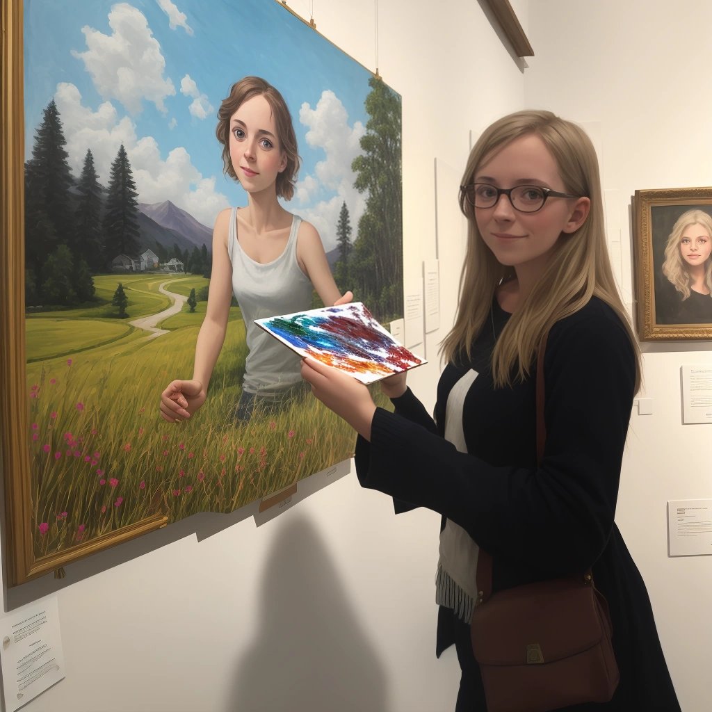 Emma showcasing her painting at an art exhibition