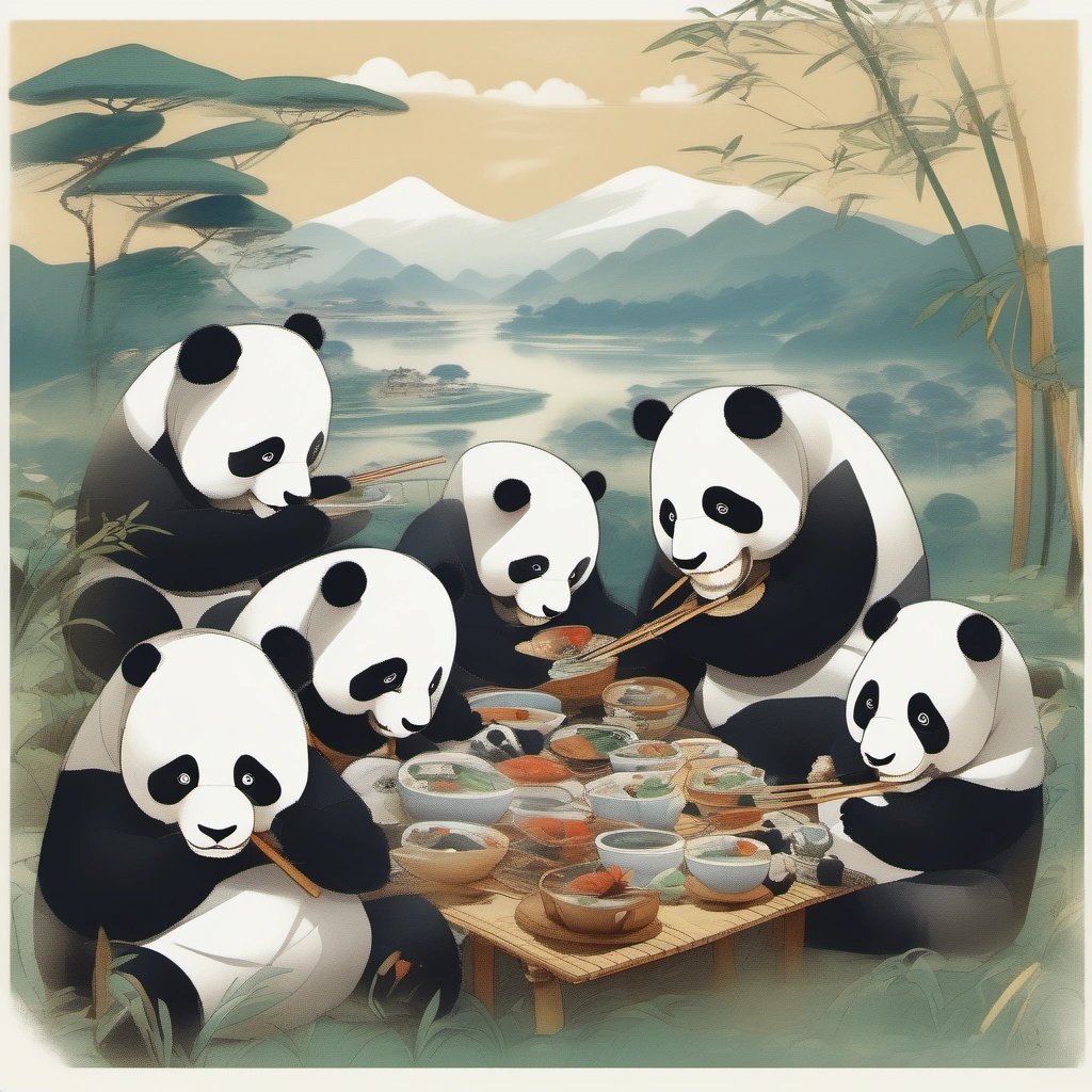 Pandas eating bamboo in a picturesque landscape