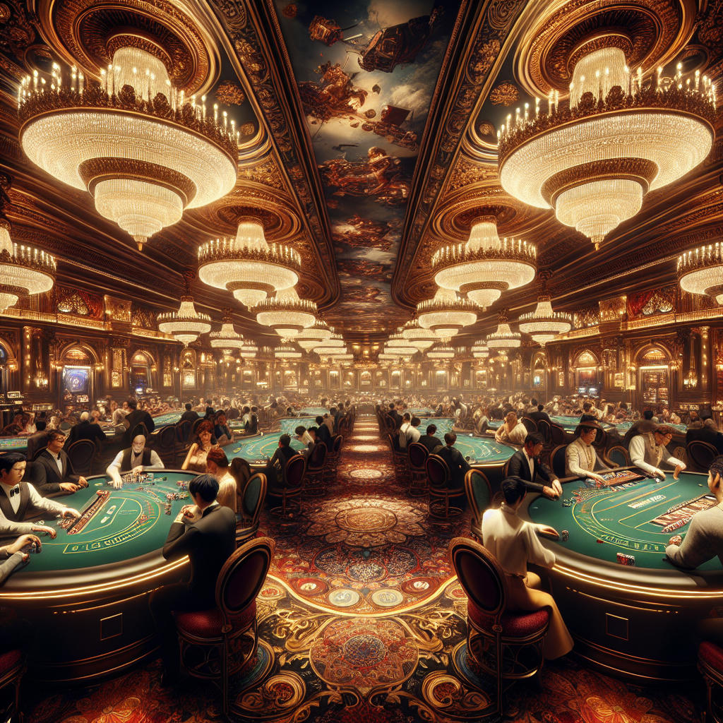 Interior of a grand casino with opulent decor, chandeliers, and people playing blackjack, vibrant atmosphere, luxurious setting, high quality, extremely detailed cg unity 8k wallpaper, award winning photography, hdr, intricate, high detail, art by midjourney