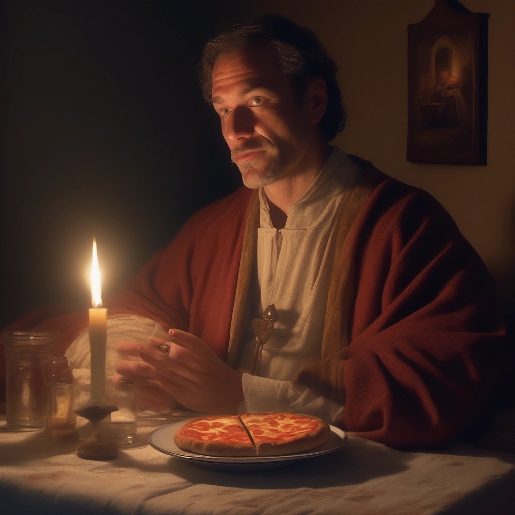 John of Patmos with his pizza and Biblical Cola