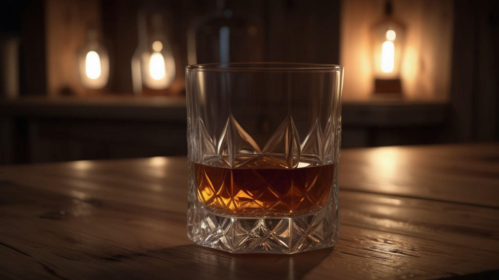 A glass of whiskey on a wooden table, warm ambient lighting, detailed textures of the glass and liquid, cozy and inviting atmosphere, high detail, photorealistic, 4k resolution