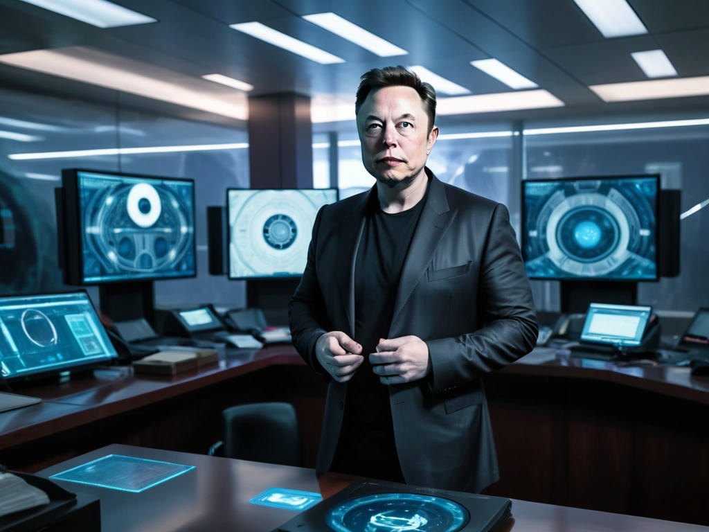 Elon Musk in a government office, surrounded by futuristic technology and political symbols, looking determined