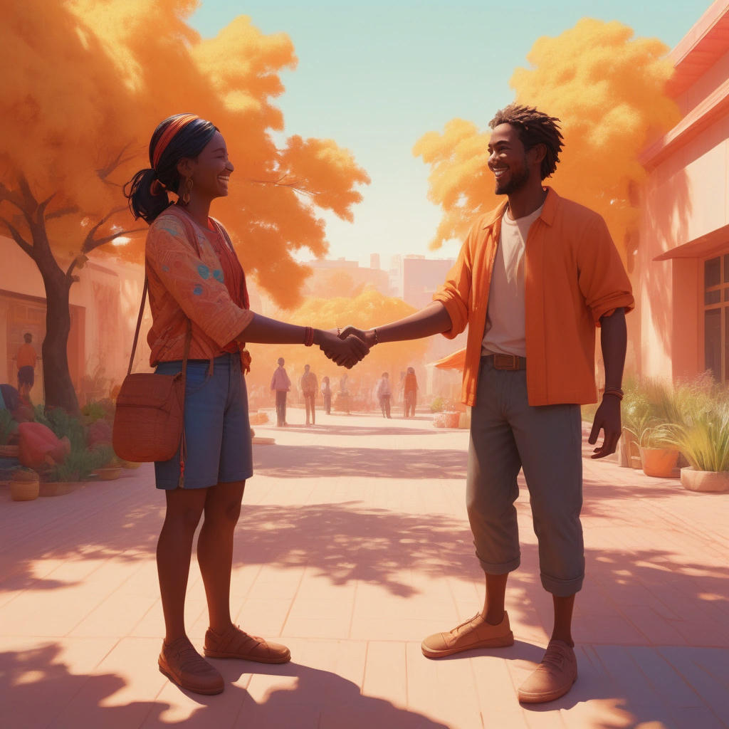 two people from different cultural backgrounds shaking hands, smiling, and looking at each other, warm and vibrant colors, sunny day, outdoors, detailed, photorealistic, concept art by Loish and Wylie Beckert