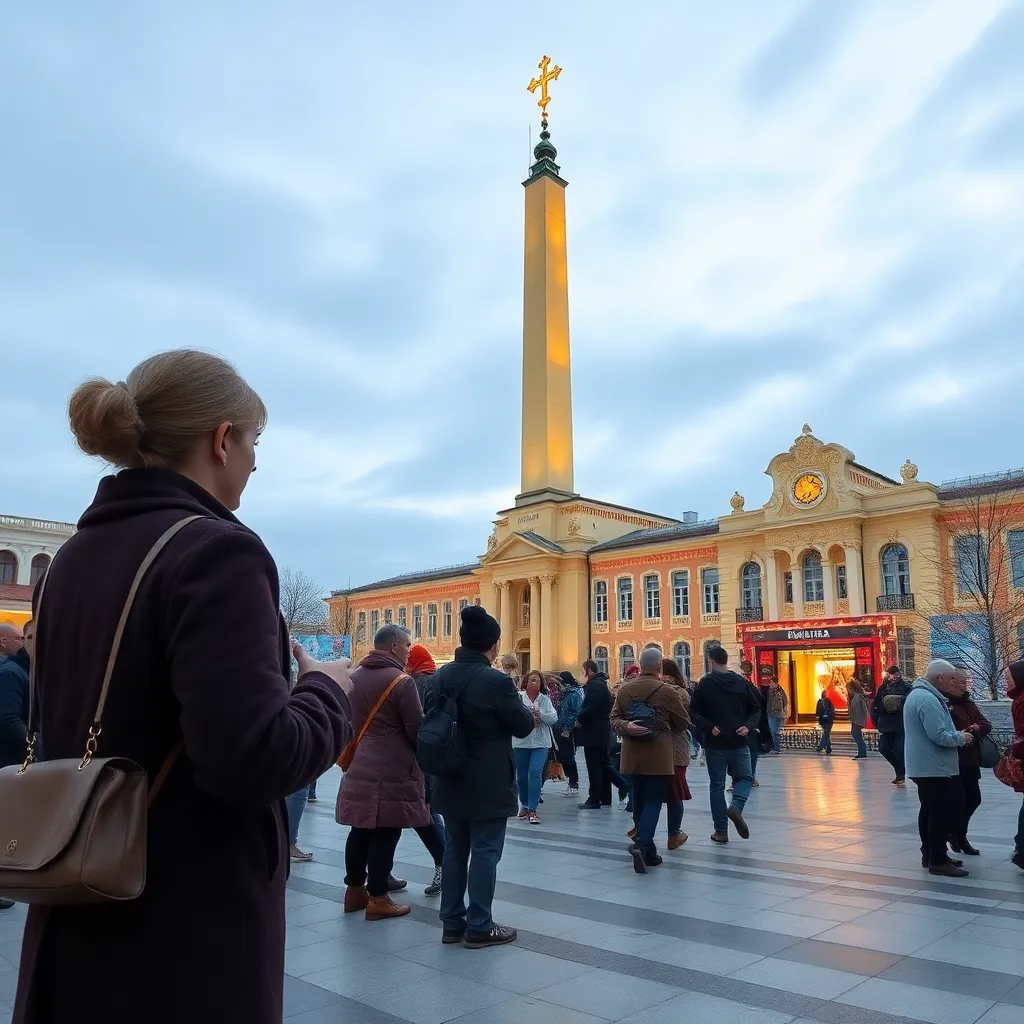міська площа в Україні, люди святково й трохи розгублено стоять у черзі до величезної зеленої кнопки, у руках маленькі прапорці, стилізовані персики як декор, неонова змія на білборді посміхається, вечірнє світло, урочисто і химерно, високий рівень деталей