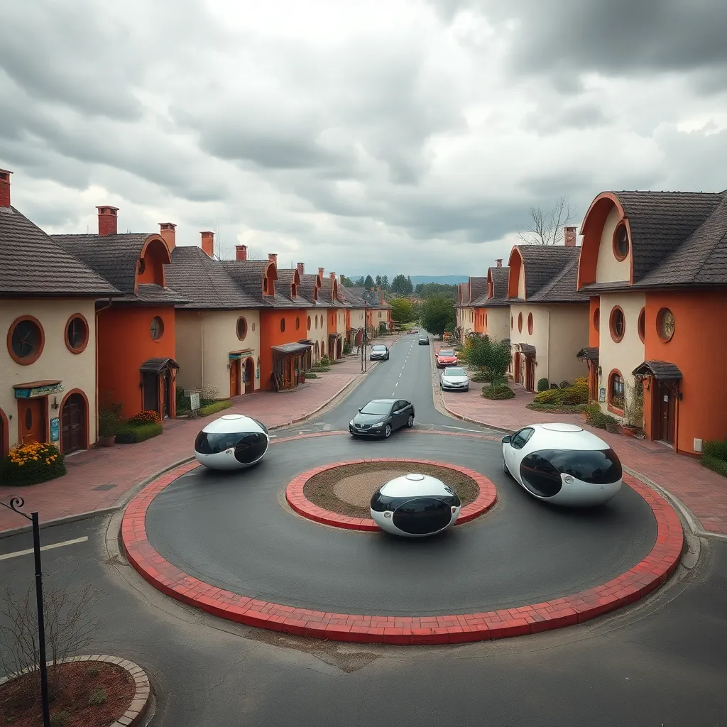 A street scene in Kruhy village with round houses, round windows, and a complex roundabout intersection where cars are spherical pods, surreal atmosphere, vibrant colors