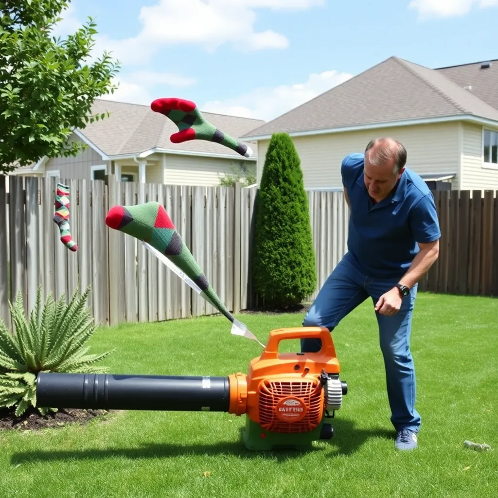 frantic man duct-taping colorful tube socks to a leaf blower in suburban backyard, socks flapping wildly, neighbor peeking over fence holding single argyle sock