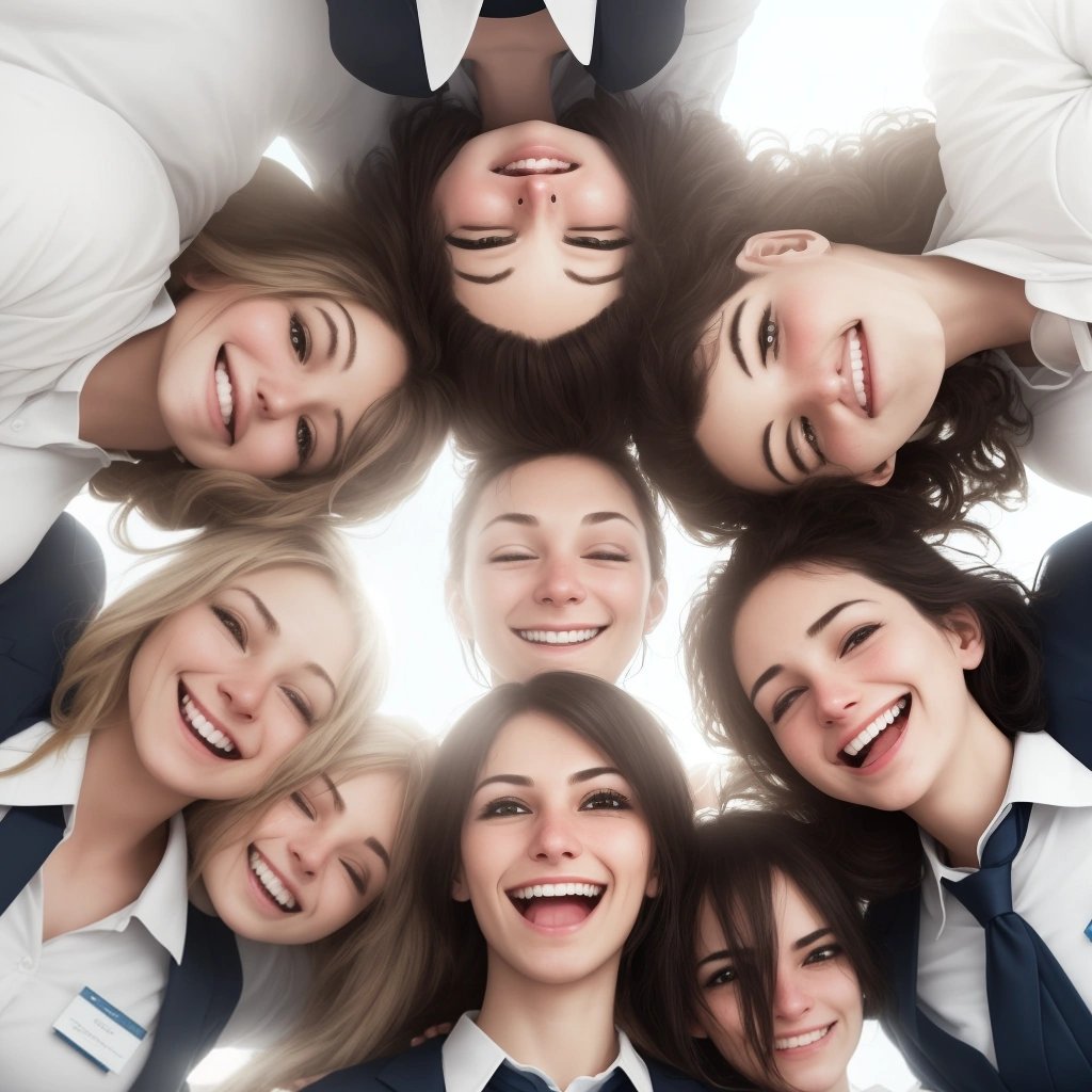 Employees standing in a circle with fake smiles