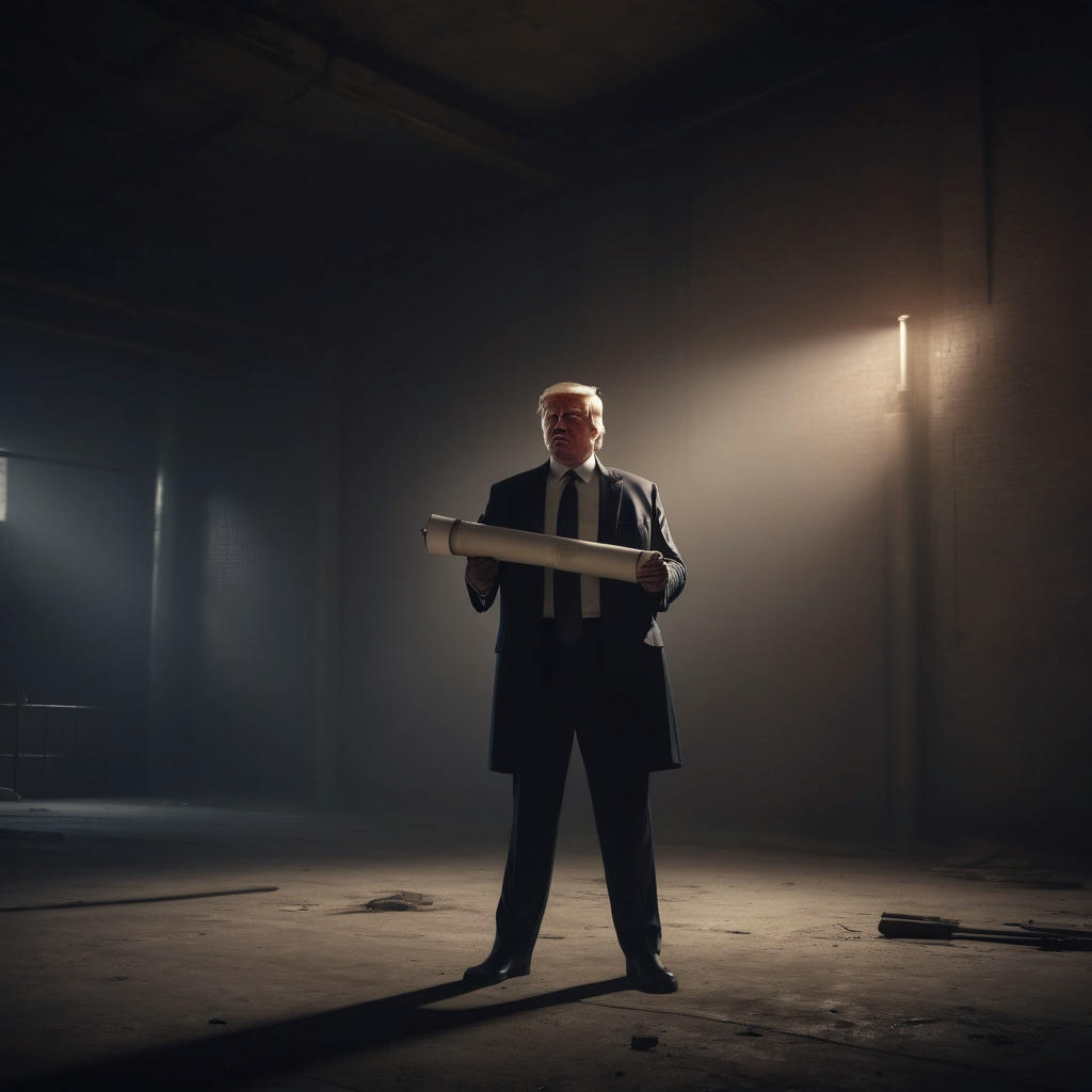 Donald Trump standing victorious, holding the glowing scroll, abandoned warehouse background, dramatic lighting, high contrast, cinematic, 4k, detailed, photorealistic