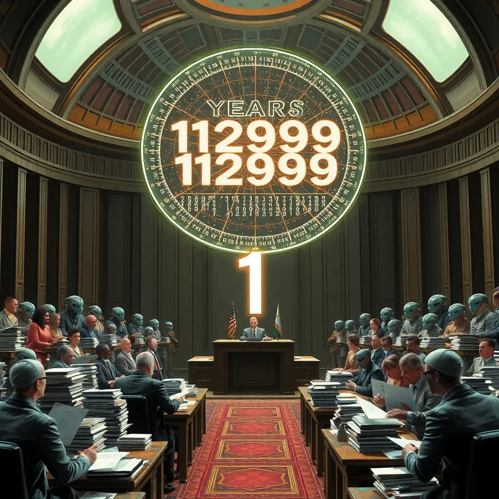 grand bureaucratic hall in the far future, human and alien officials debating a giant holographic calendar changing from year 12999 to year 1, stacks of absurd documents, ceremonial robes mixed with office wear, cosmic parliament interior, dramatic lighting, detailed satirical sci-fi scene