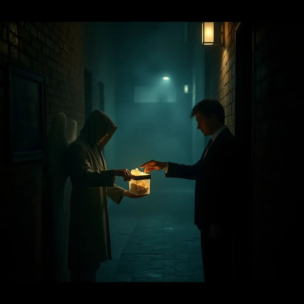 A dark, misty alleyway in the afterlife where a hooded angel is secretly handing a glowing box of tea bags to a man in a business suit, cinematic lighting, noir aesthetic.