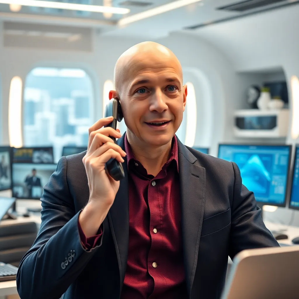 Jeff Bezos in a futuristic office, surrounded by high-tech gadgets, receiving a phone call with a surprised expression