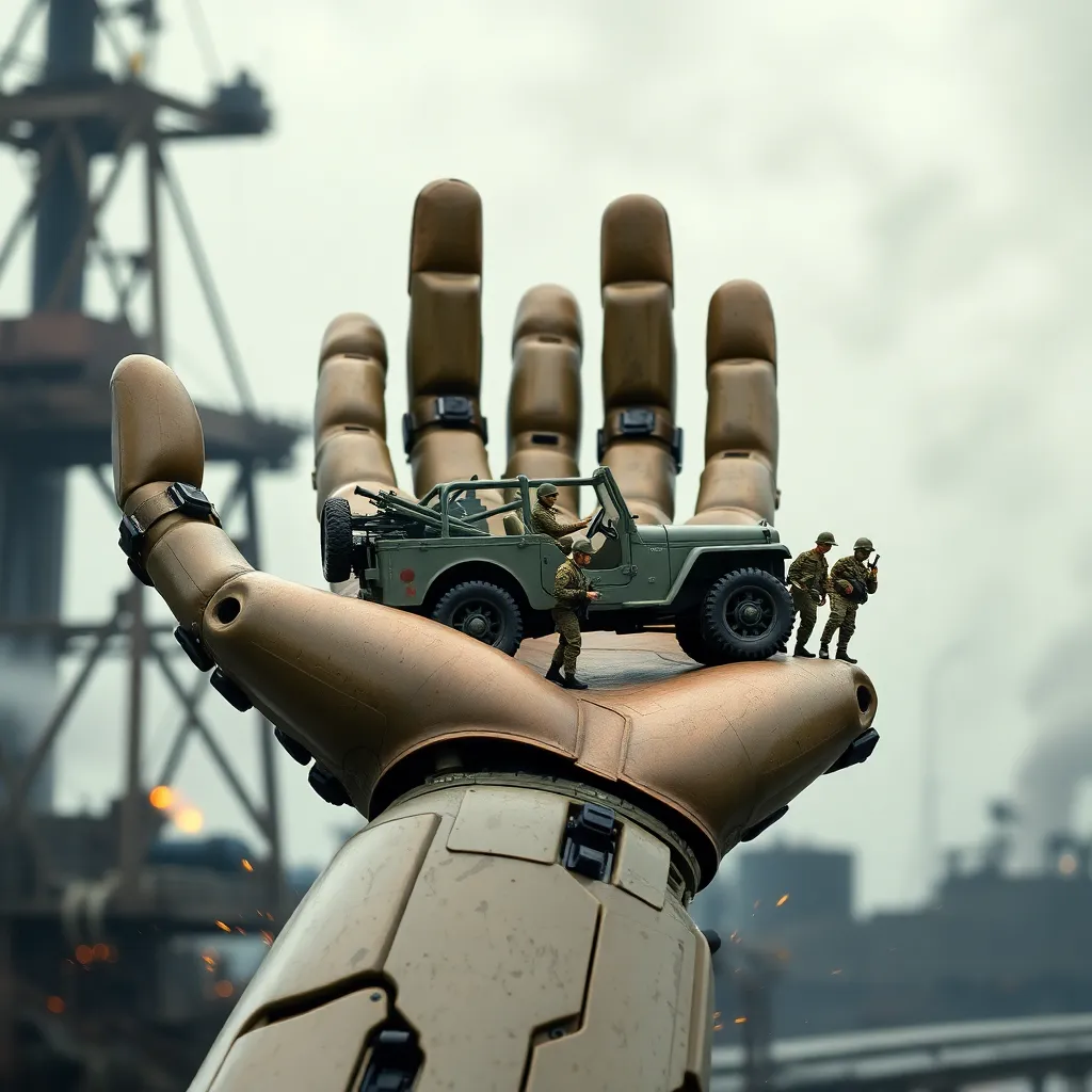 A giant robotic hand, made of scratched olive-drab steel, gently holding a standard military jeep like a toy, soldiers standing on the palm of the hand looking tiny, industrial shipyard background, steam and sparks