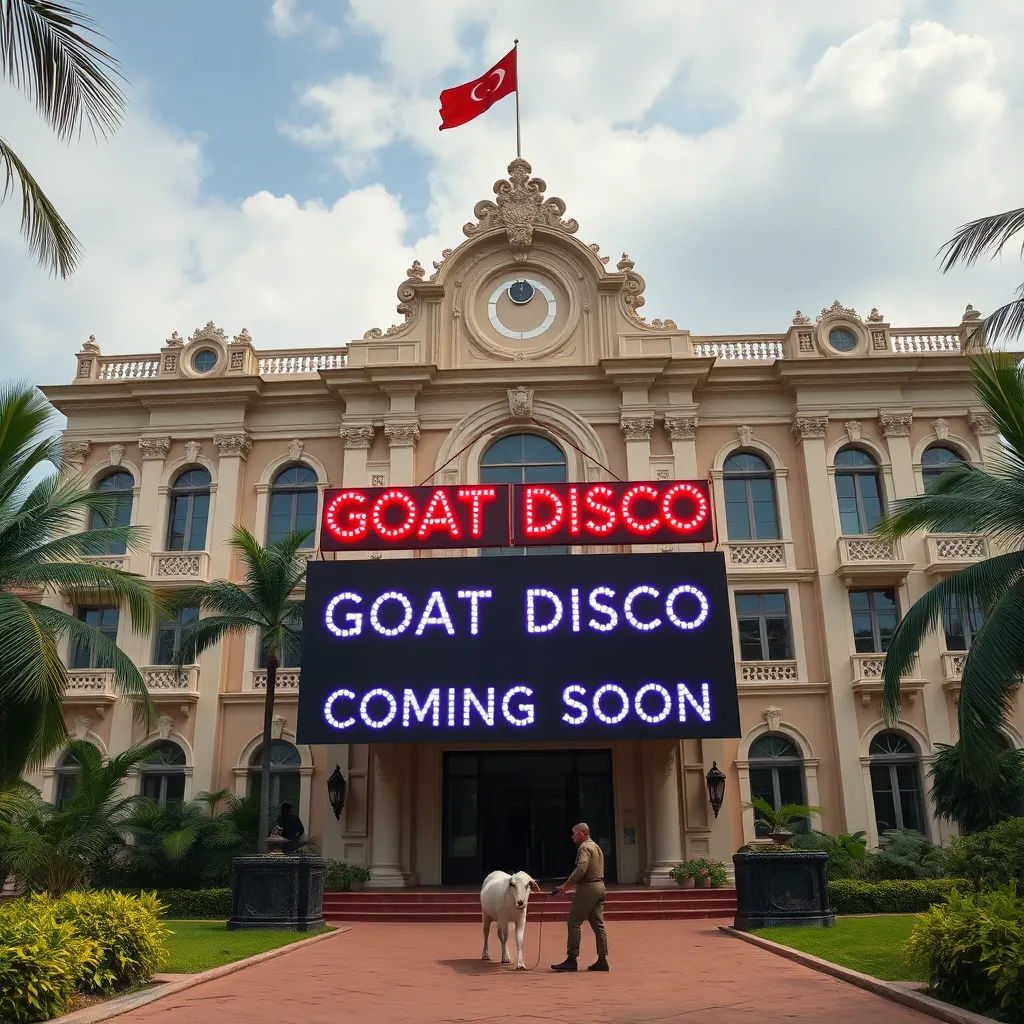 A massive, ornate Turkish embassy building in a tropical setting, with Ugandan soldiers outside installing neon disco lights and a giant sign that reads 'GOAT DISCO COMING SOON' over the entrance.