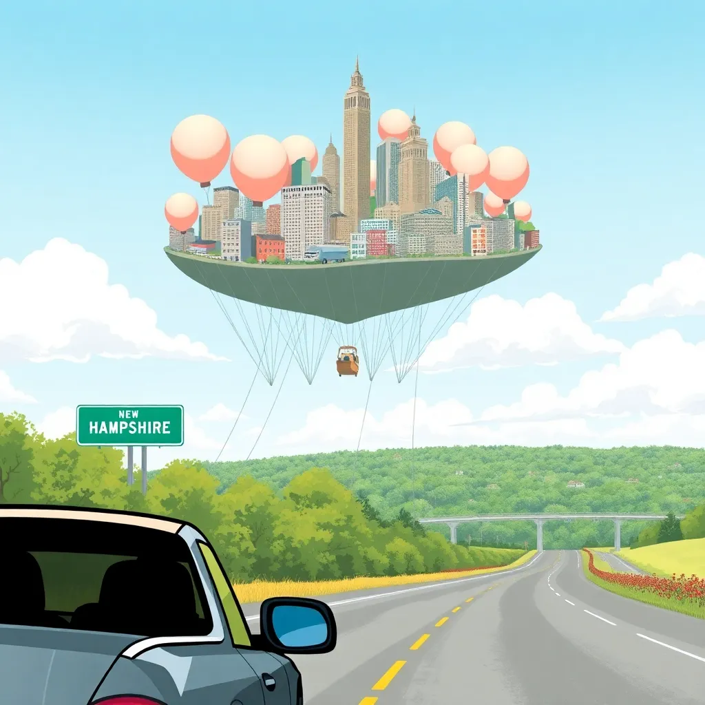 “Boston, but floating” over Earth with tasteful balloons and a strong rope