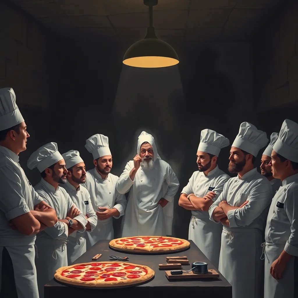 a group of pizza chefs in a dimly lit room, looking bewildered, with a spectral figure whispering to them