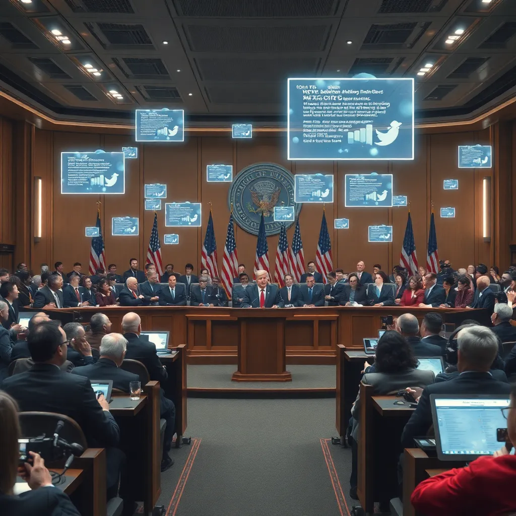 a government press room in a futuristic near-future style, officials at podiums reassuring a crowd while translucent thought notifications float in the air, journalists looking alarmed yet intrigued, absurd realism, cinematic detail