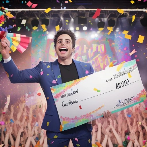 Comedian holding a giant check and celebrating victory