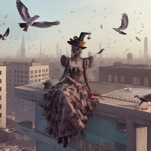 Rooftop full of pigeons with voodoo accessories
