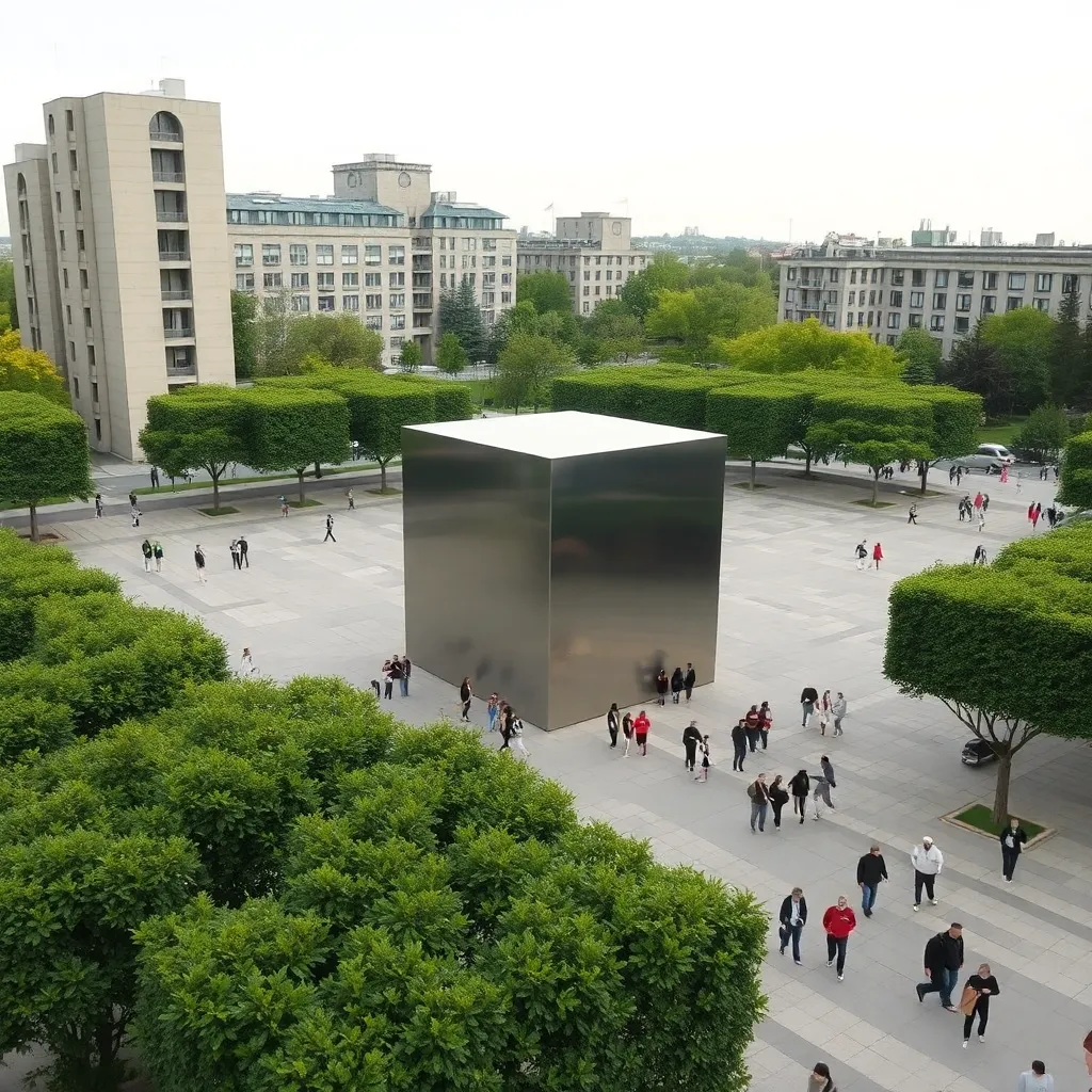 A public park with square-shaped trees, a massive polished steel cube statue in the center, people walking on square tiles, brutalist architecture in the background
