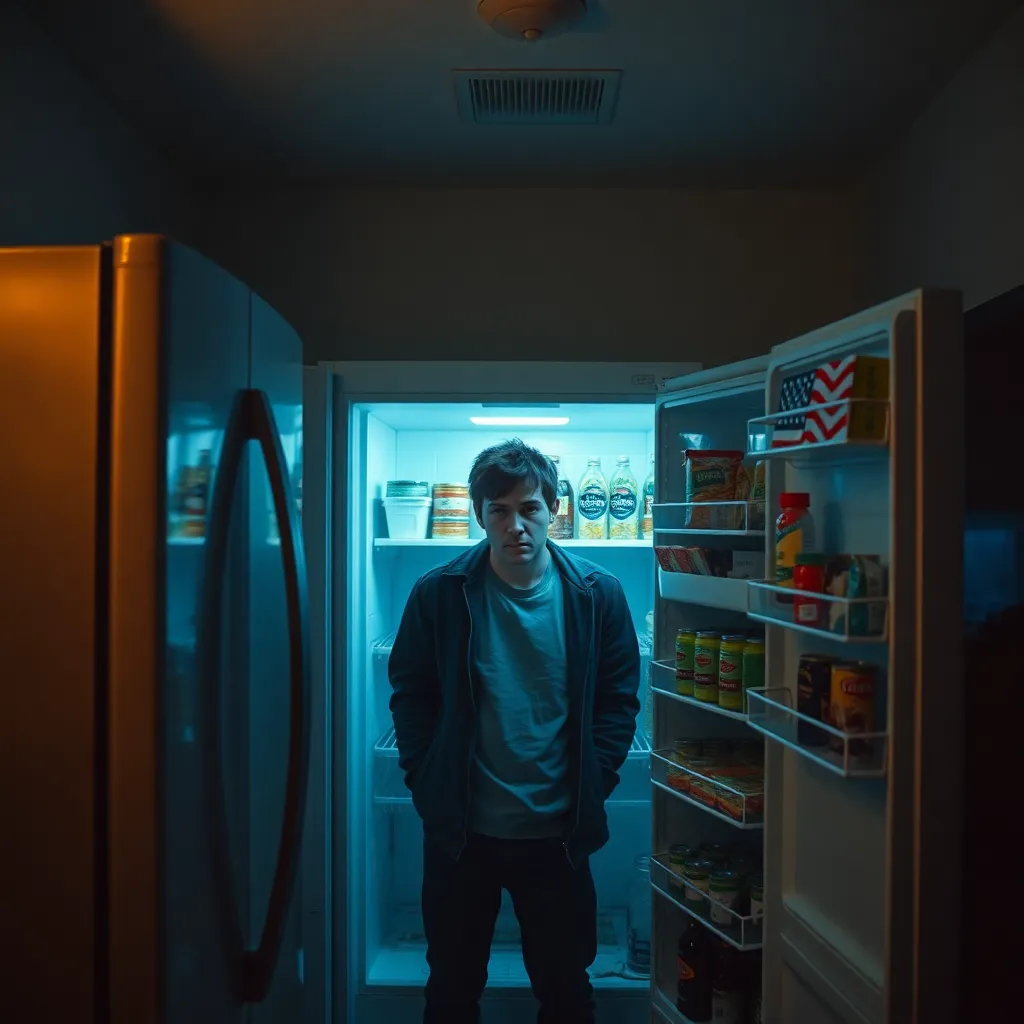 interior of a kitchen at 2 AM, open refrigerator glowing dramatically, a person caught mid-snack looking guilty, shelves neatly arranged like a judging panel, humorous tense atmosphere, cinematic realism, detailed textures