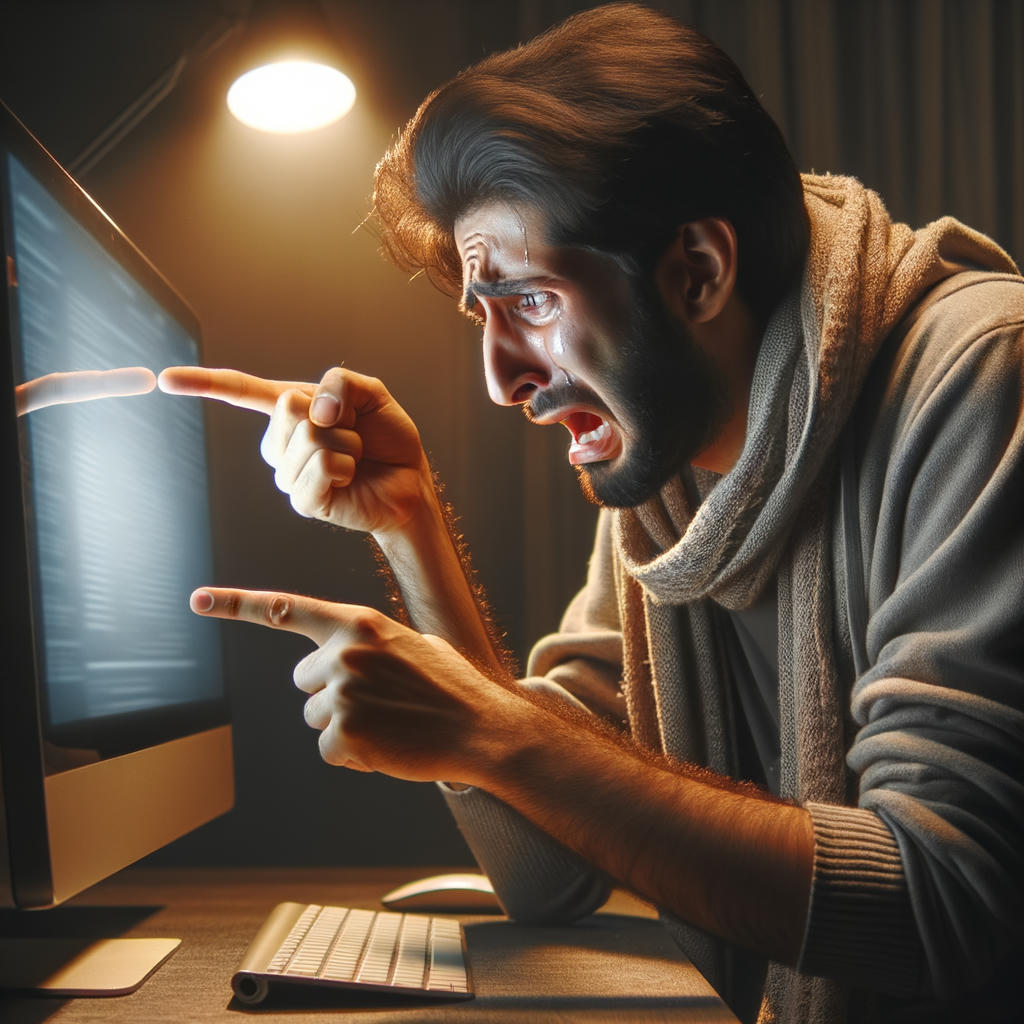 A man cursing at his computer while pointing a finger at the screen