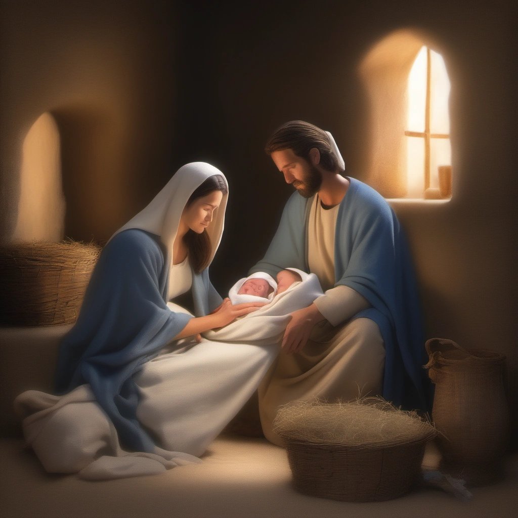 Mary and Joseph with baby Jesus in the stable