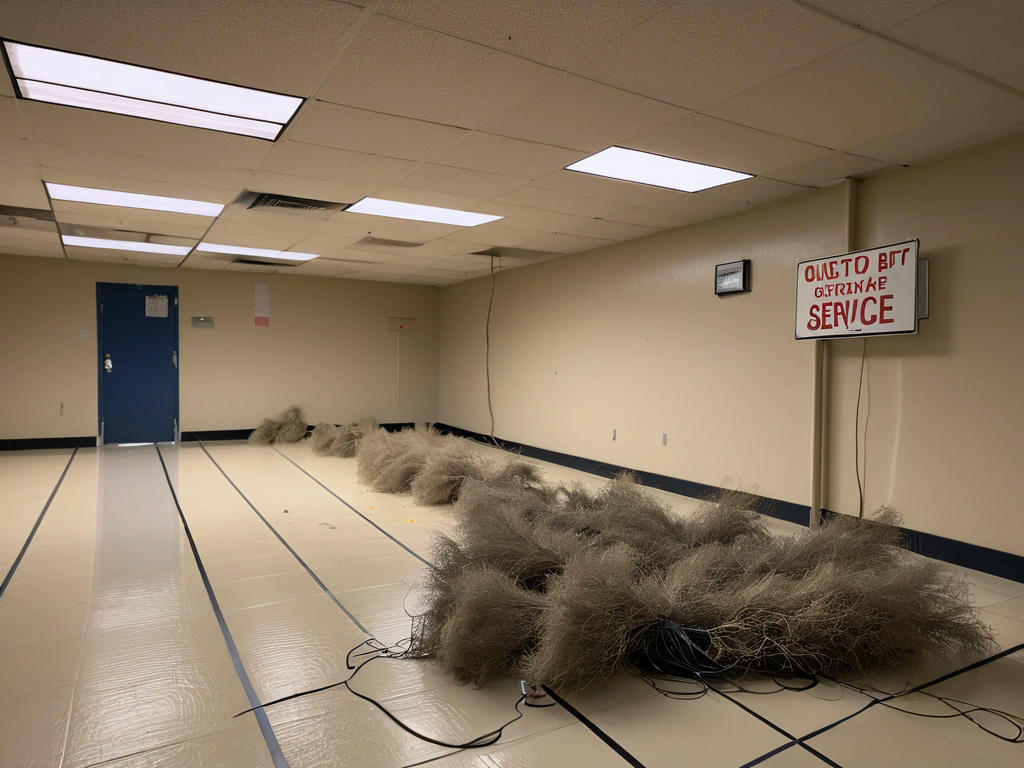 a deserted server room with flickering lights, a single 'Out of Service' sign hanging on the wall, a tumbleweed rolling by for comedic effect