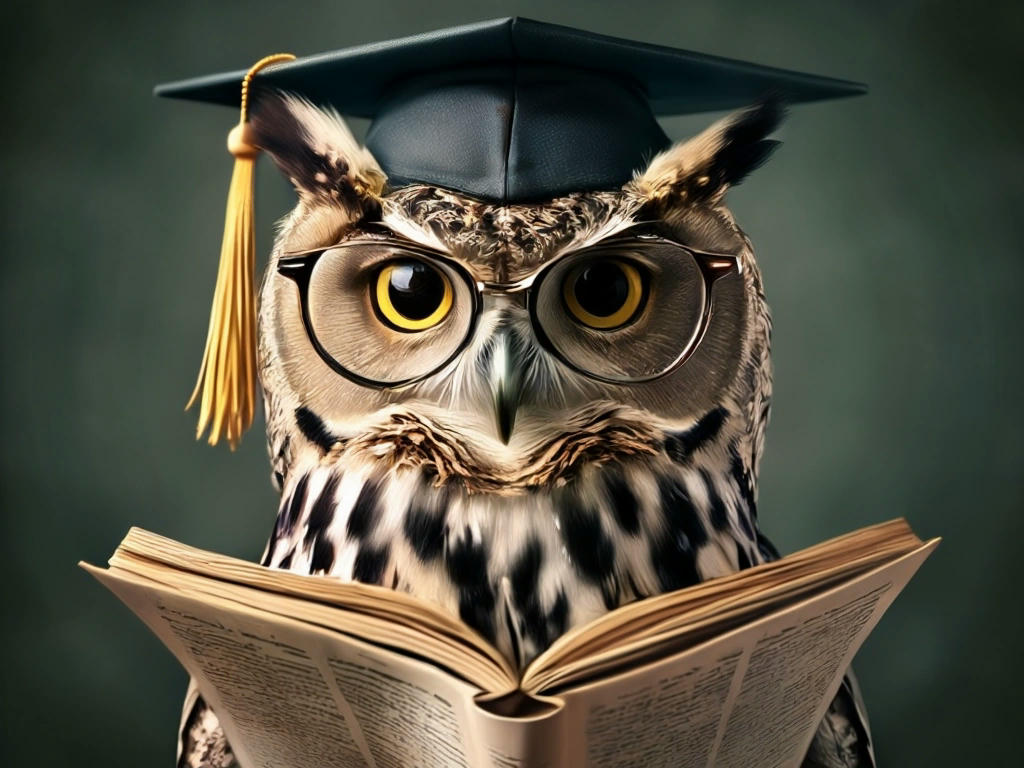 an owl with glasses and a graduation cap, holding a newspaper with a smirk, representing wisdom and humor