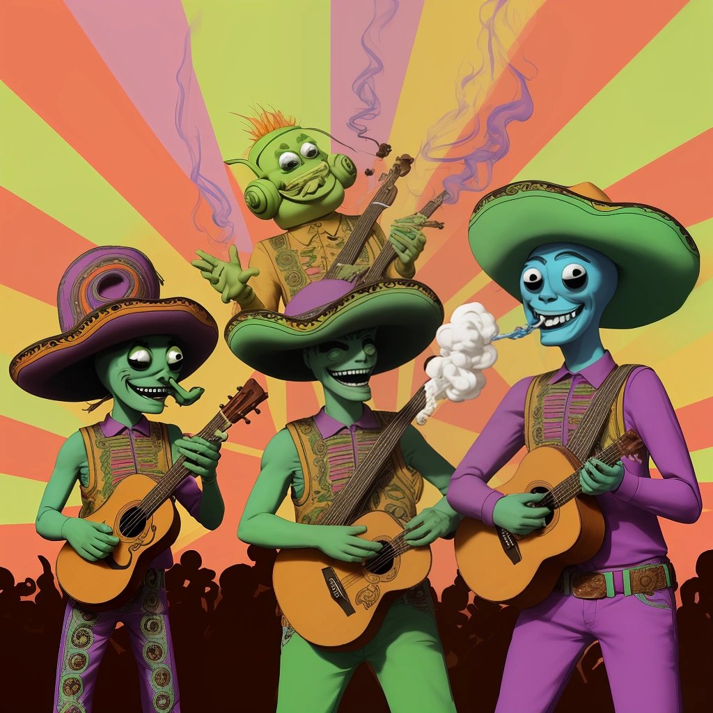 Aliens enjoying mariachi music and marijuana