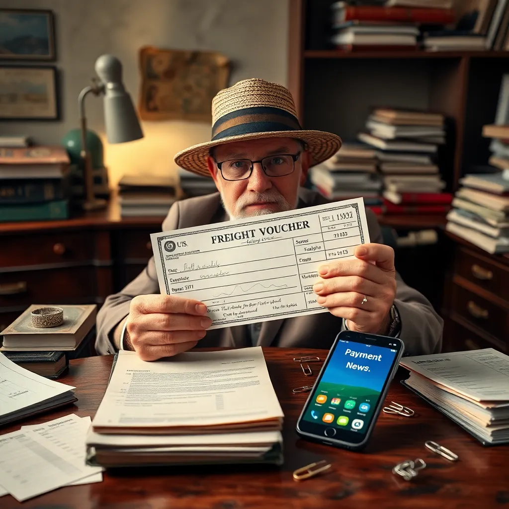 an old paper freight voucher on a dusty office desk wearing a tiny straw hat like a retired aristocrat, surrounded by stamps, ledger books, paper clips and a modern smartphone glowing with digital payment success, humorous yet realistic newsroom style