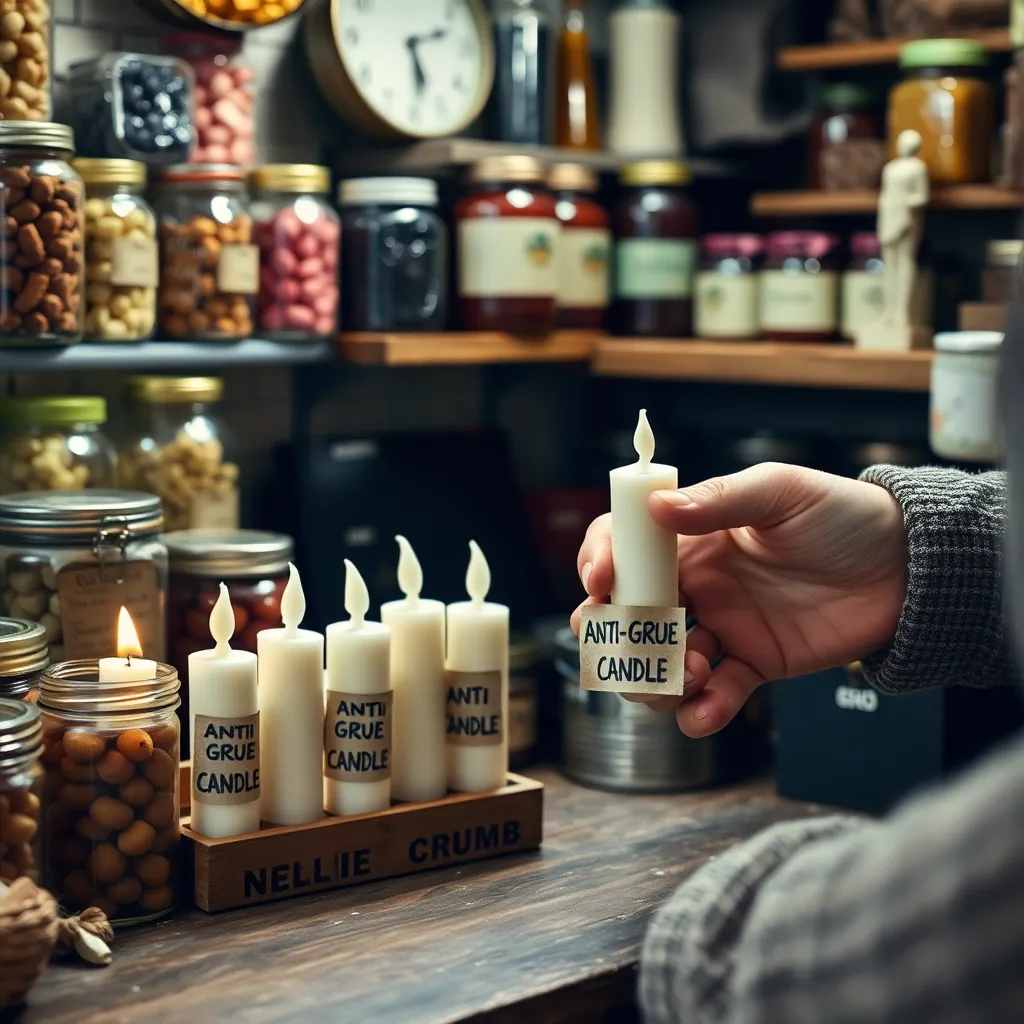 “Anti-grue candles” for sale (regular candles, handwritten label)