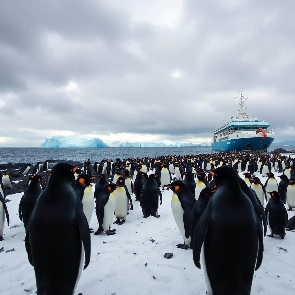 icy ocean near remote subantarctic islands, research vessel observing a massive penguin colony on black rocks and snow, birds facing the ship in eerie synchronized silence, dramatic clouds, realistic documentary photography style, tense and absurd atmosphere