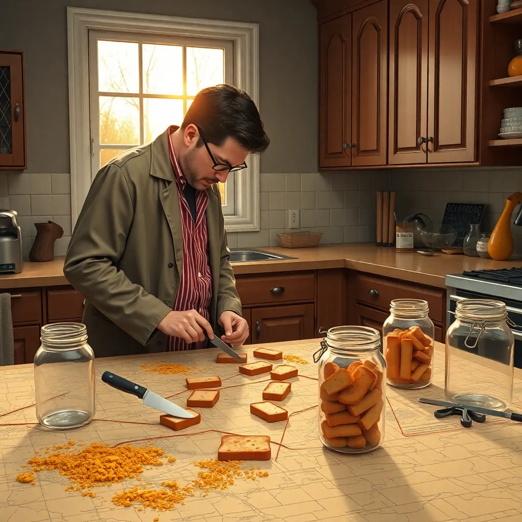 an investigative journalist in pajamas and trench coat examining a kitchen counter covered with toast crumbs, maps, string connecting jars, butter knives used like evidence markers, sunrise through window, highly detailed comedic noir style