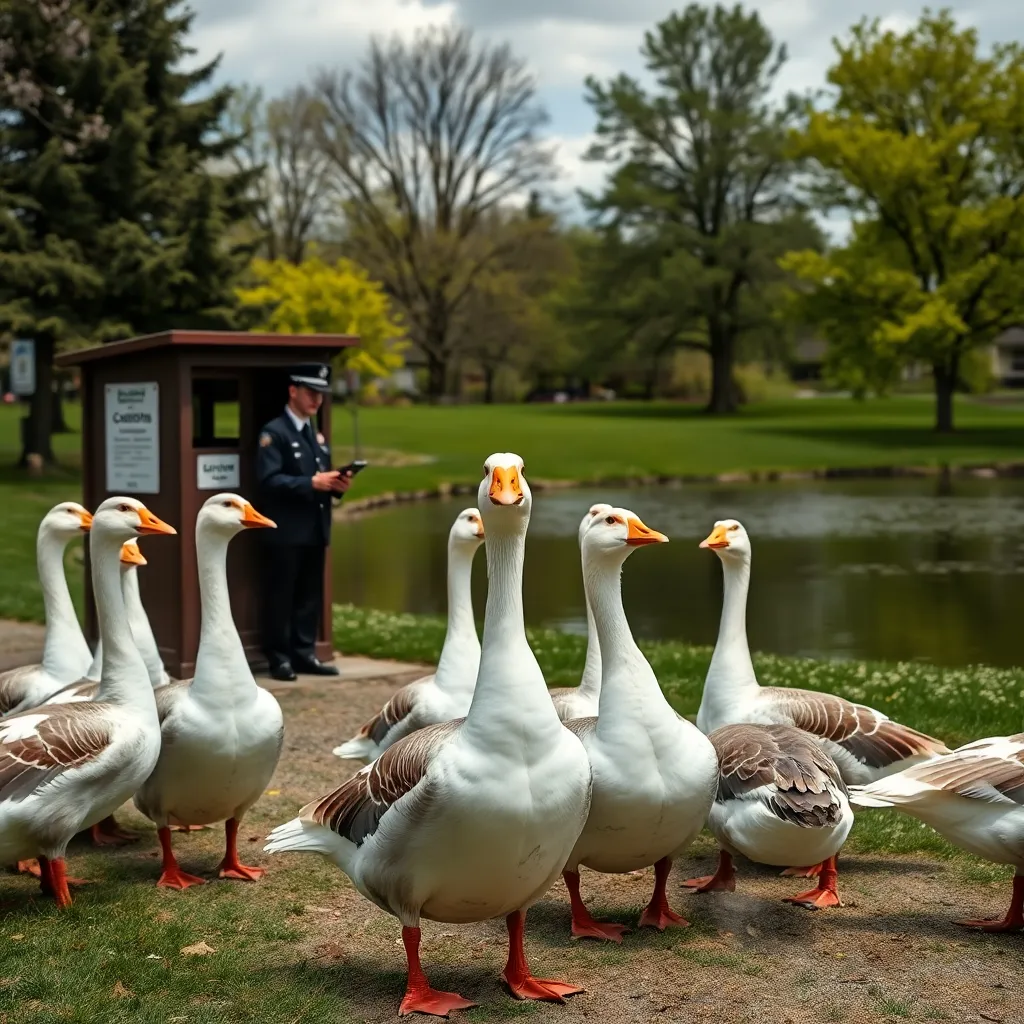 suburban park transformed into a border checkpoint for geese, customs booth beside a pond, officers examining passports held in tiny metal clips, geese looking defiant, spring afternoon, hyper-detailed absurd realism