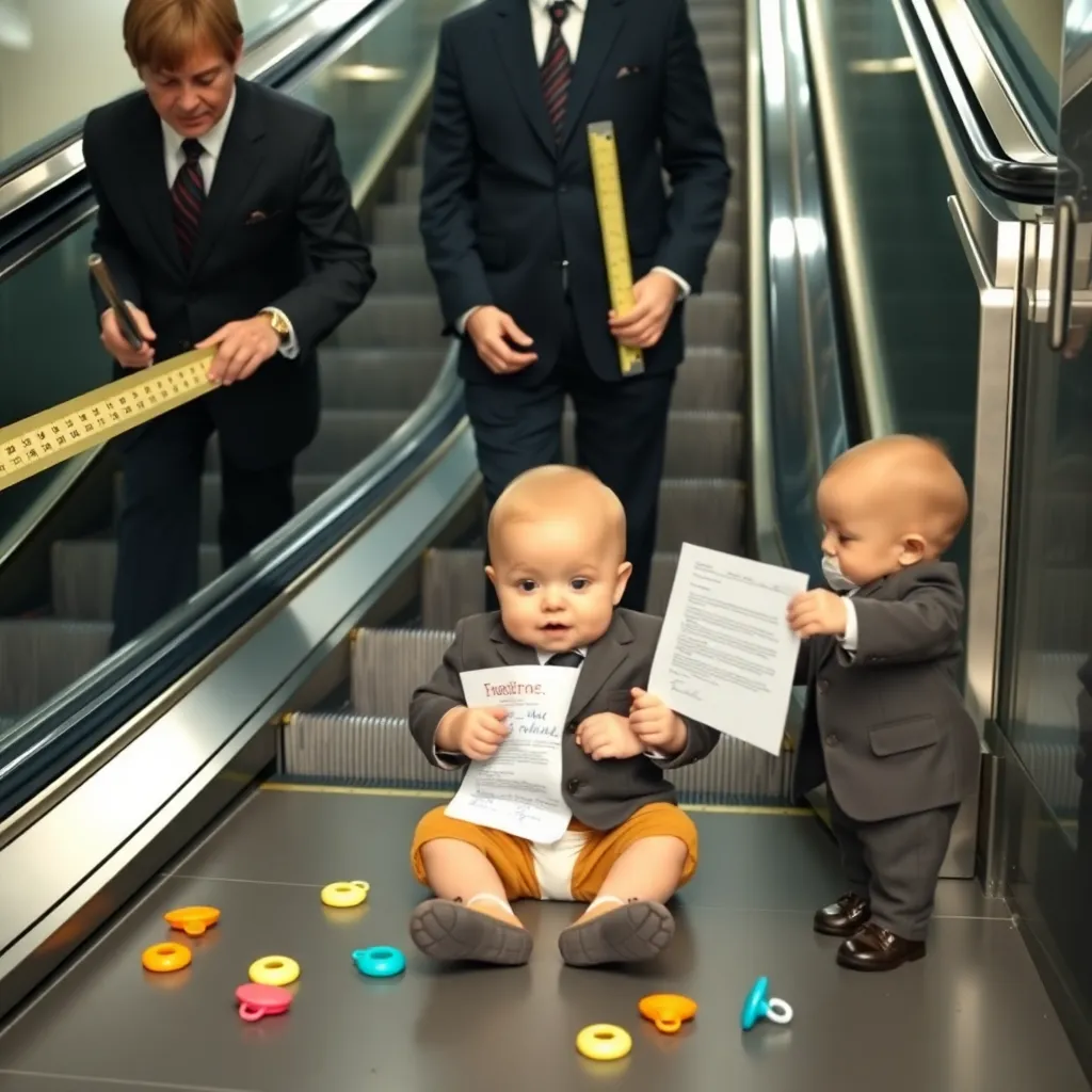 Three stern officials in ill-fitting suits measuring an escalator step with comically oversized rulers, while a baby in a miniature business suit 'signs' a document with a crayon, scattered pacifiers on the floor