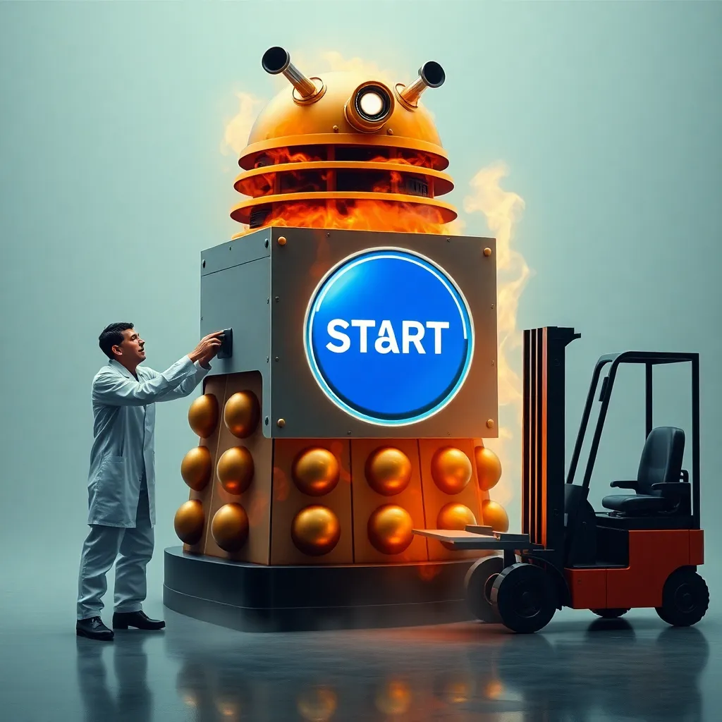 Panicked scientists trying to reboot a smoking Dalek casing using a giant Windows 'Start' button mounted on a forklift