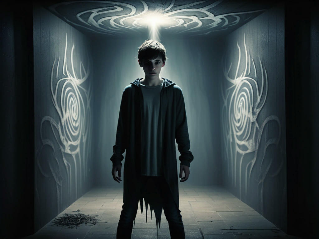 a young man standing at the exit of a dark labyrinth, transformed into a predatory figure, with ghostly whispers around him