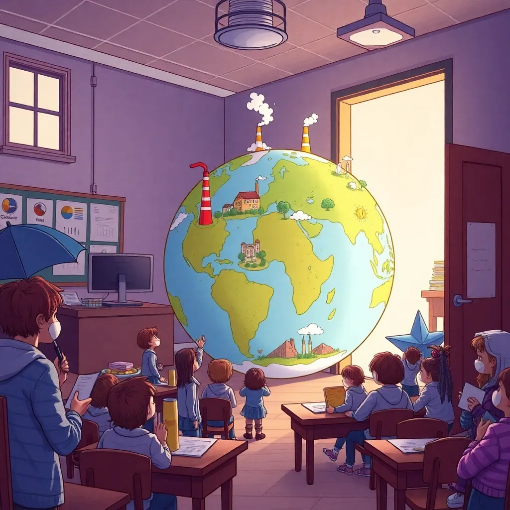 a school science classroom where children present a giant earth model with smokestacks and weather symbols, while bewildered adults peer through the doorway clutching cardigans and umbrellas, whimsical detailed newsroom illustration