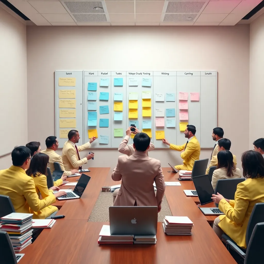 a surreal conference room where executives in pastel sticky-note suits perform a solemn planning ritual around a giant kanban board, stacks of agendas, laptops open, one person holding a tiny gong, highly detailed, comedic corporate realism