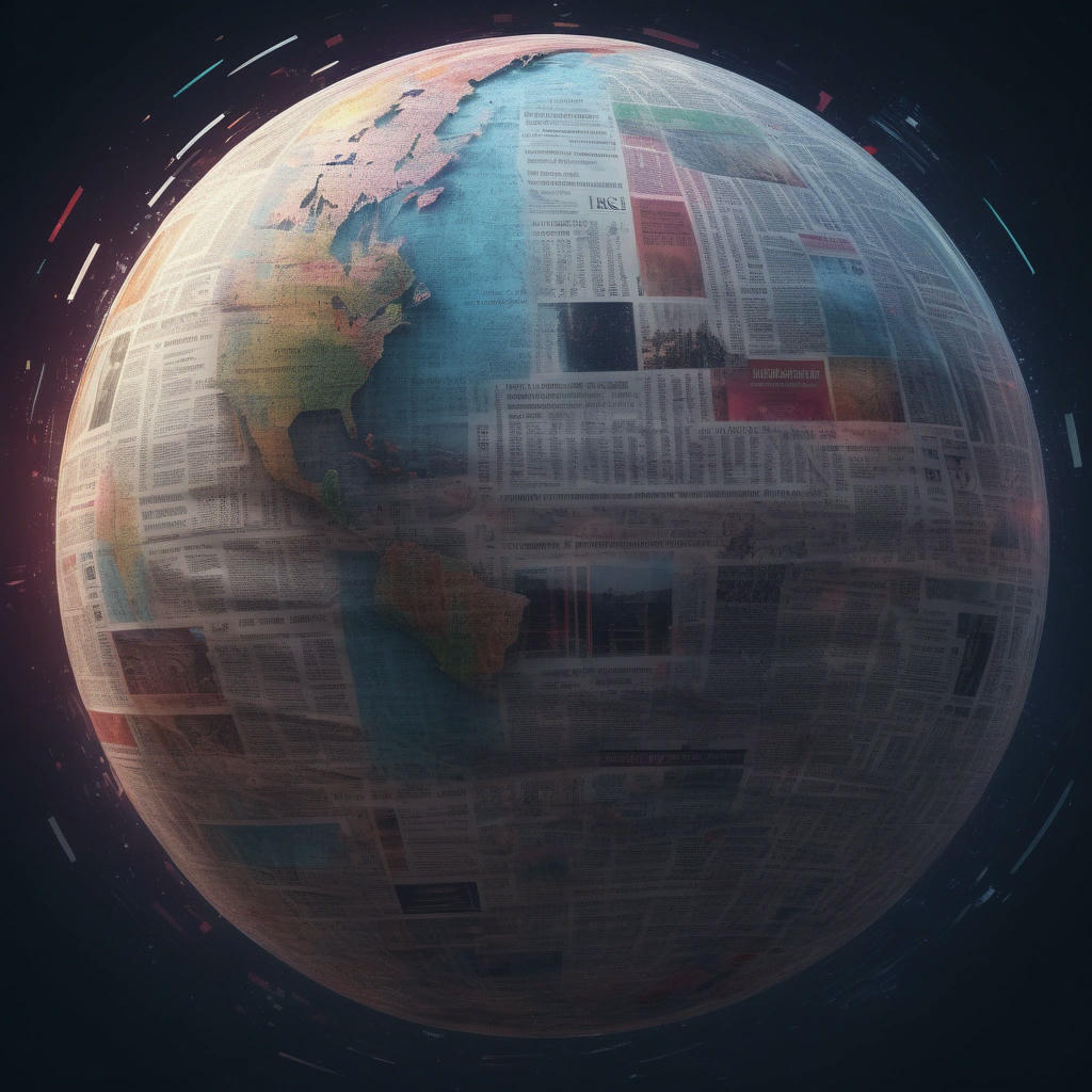 A stunning illustration of a globe with news headlines and articles swirling around it, with a subtle glow effect, vibrant colors, dynamic, energetic, 3D rendering, high contrast, detailed textures