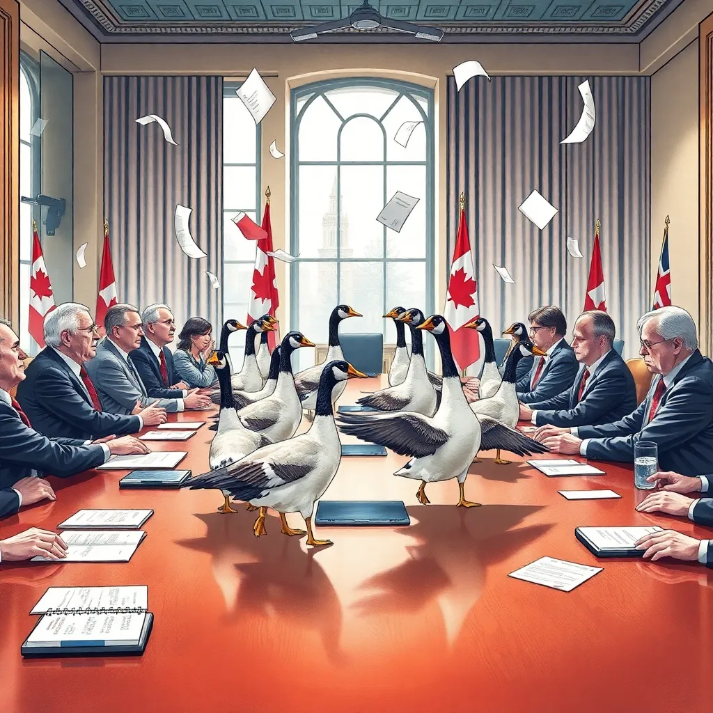 Ottawa emergency trade meeting interrupted by stern Canadian geese marching across polished government conference table, ministers with papers flying everywhere, maple leaf flags, winter light through tall windows, highly detailed editorial illustration style