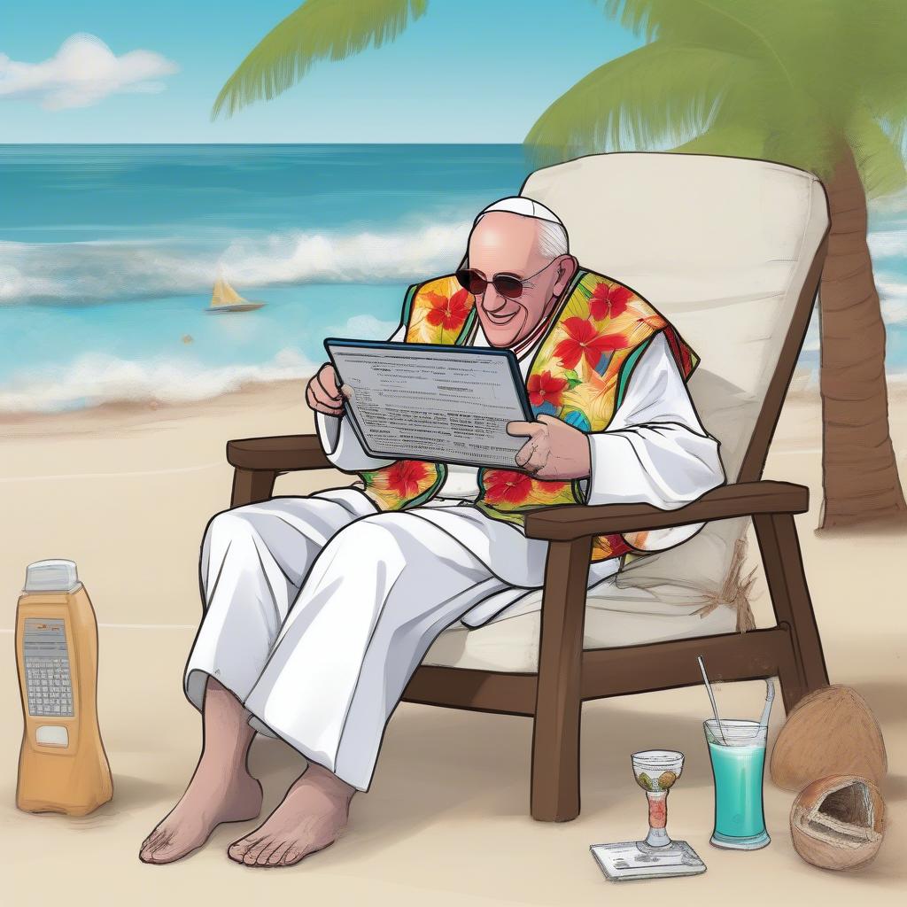 a retired Pope Francis lounging in a Hawaiian shirt on a beach, reading a tablet labeled 'Robot Pope Performance Metrics' while sipping a coconut drink