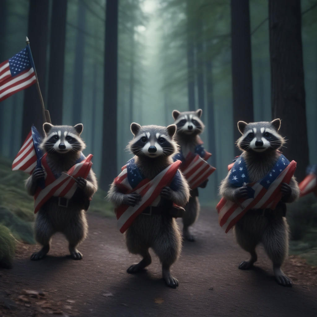 a group of raccoons, led by Rocky, sneaking through the forest, carrying tiny American flags and pamphlets, dramatic lighting, cinematic atmosphere, hyper-realistic, 4k, detailed fur, sharp focus